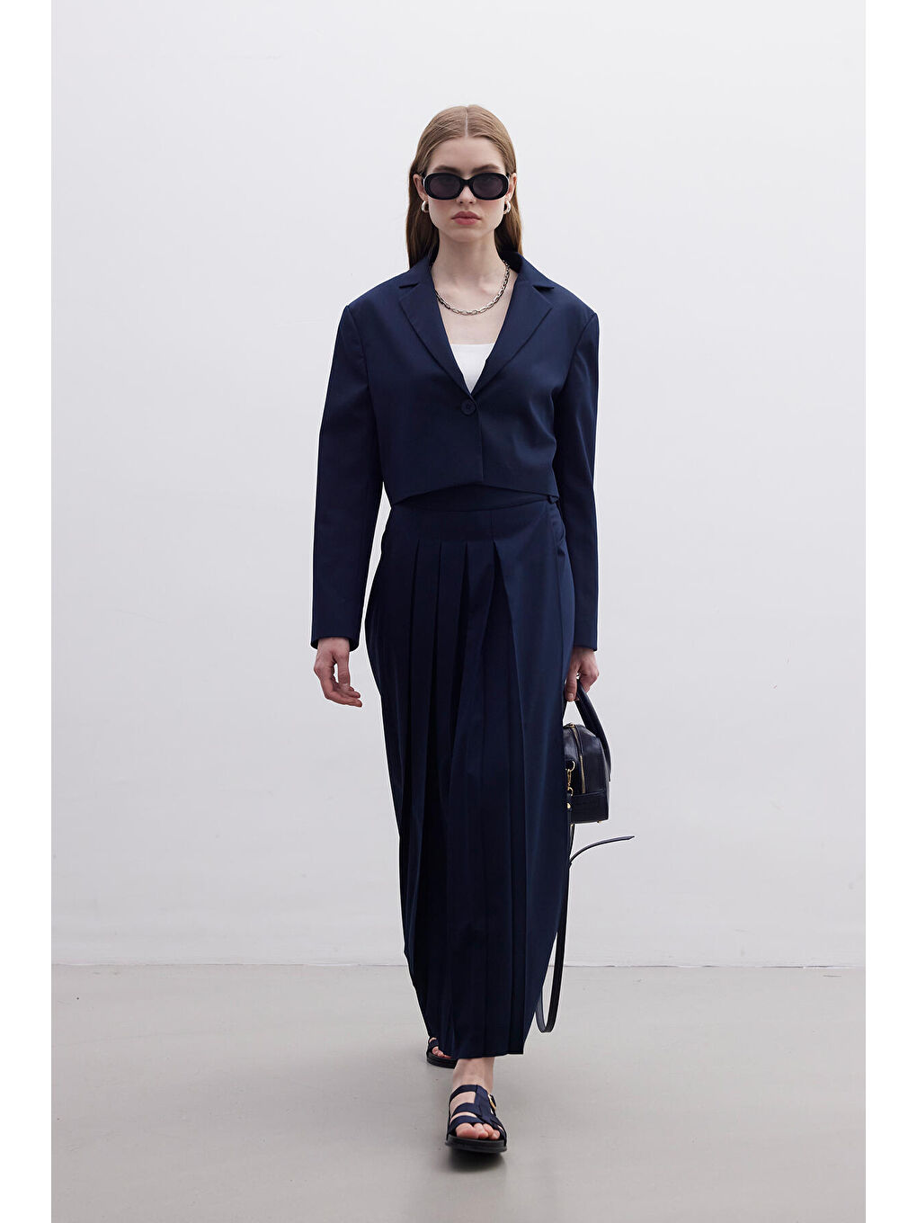 Pliseli Kruvaze Etek Lacivert-2