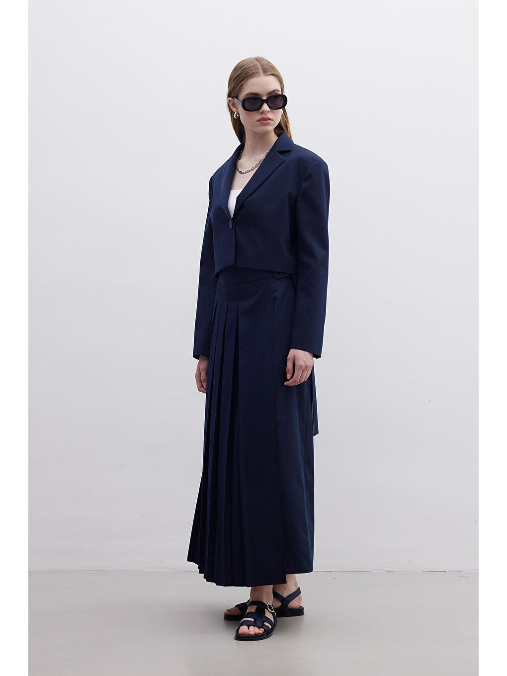 Pliseli Kruvaze Etek Lacivert-4