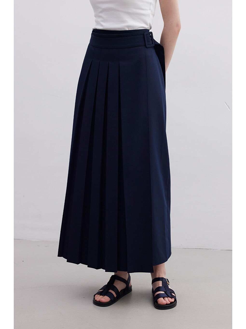 Pliseli Kruvaze Etek Lacivert-5