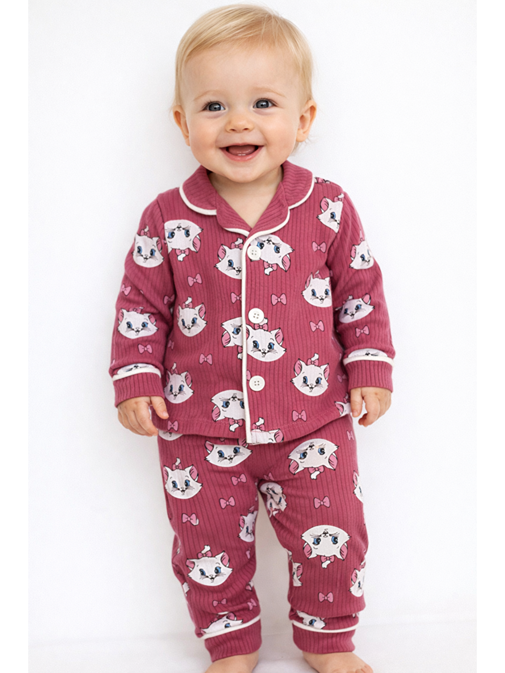 Mürdüm Kız Bebek Pijama Takımı Kedili Alt-Üst Takım Fitilli Pamuklu-2