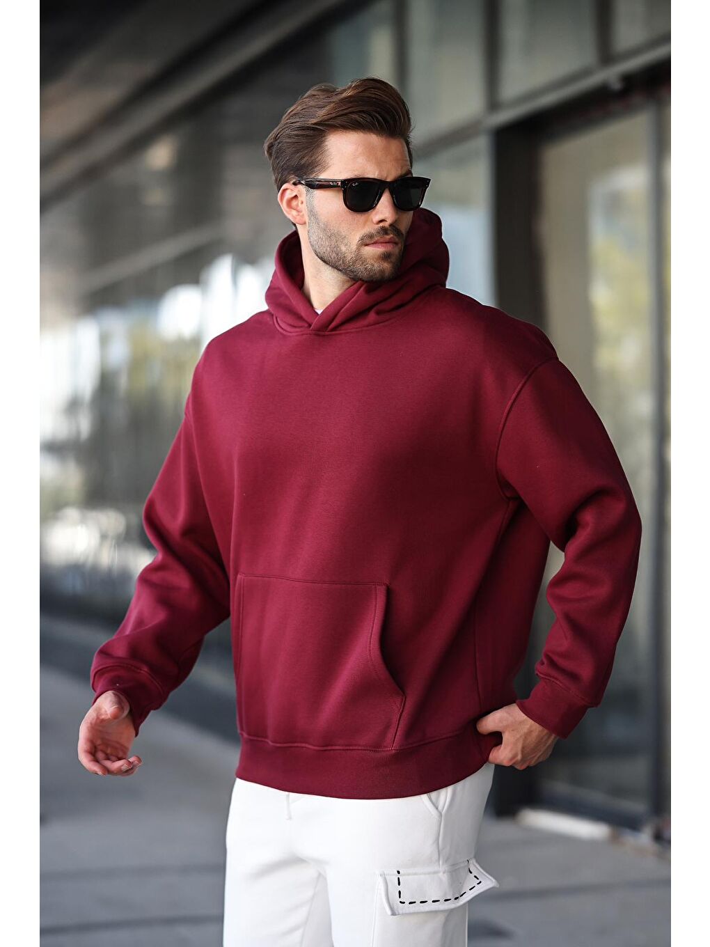 Bordo Kapüşonlu Kanguru Cep Erkek Sweatshirt E7169