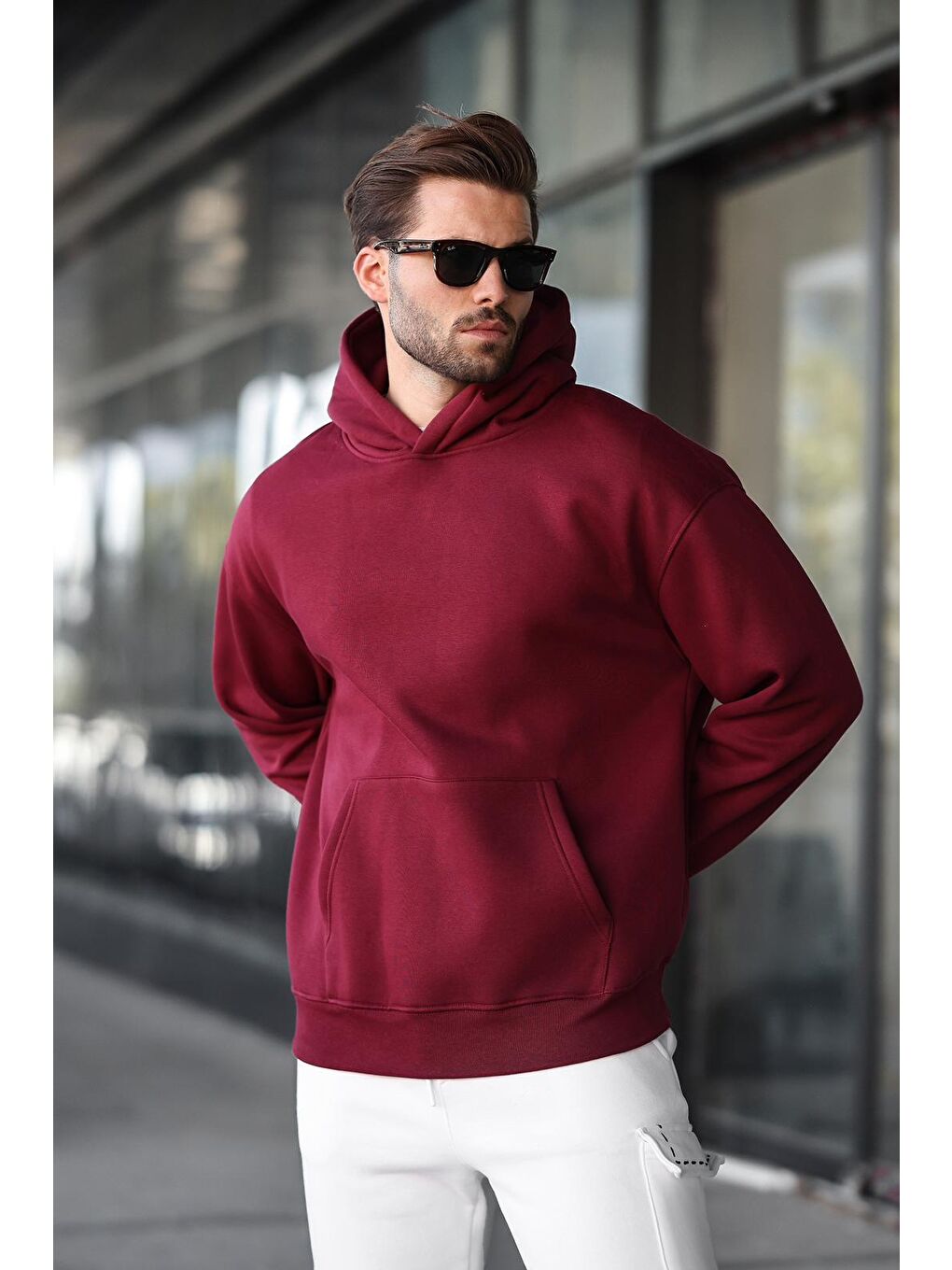 Bordo Kapüşonlu Kanguru Cep Erkek Sweatshirt E7169-3