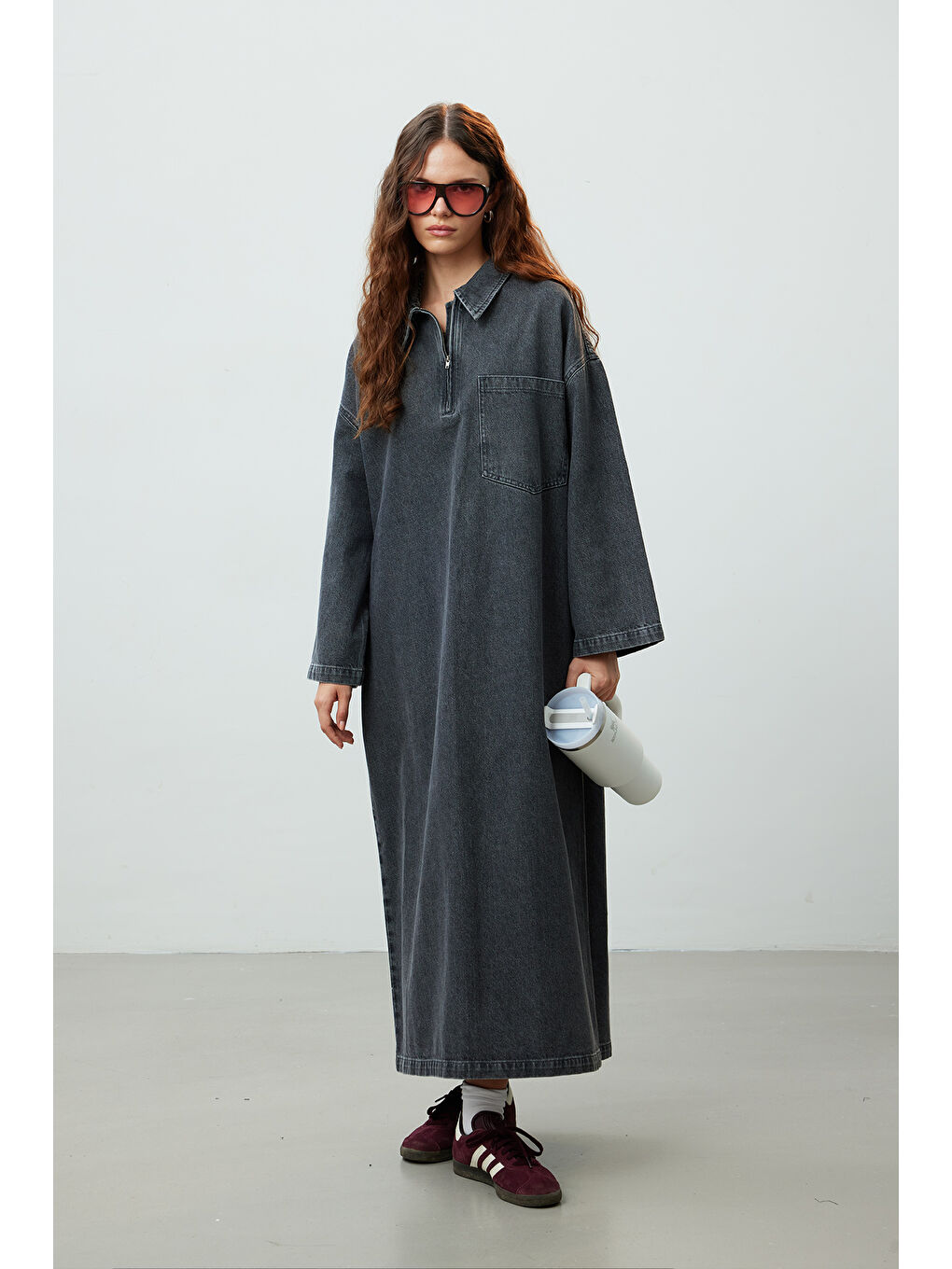 Yaka Detaylı Denim Elbise Antrasit-1