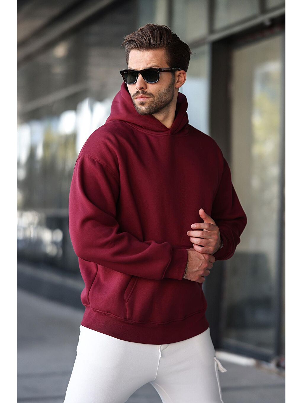 Bordo Kapüşonlu Kanguru Cep Erkek Sweatshirt E7169-4