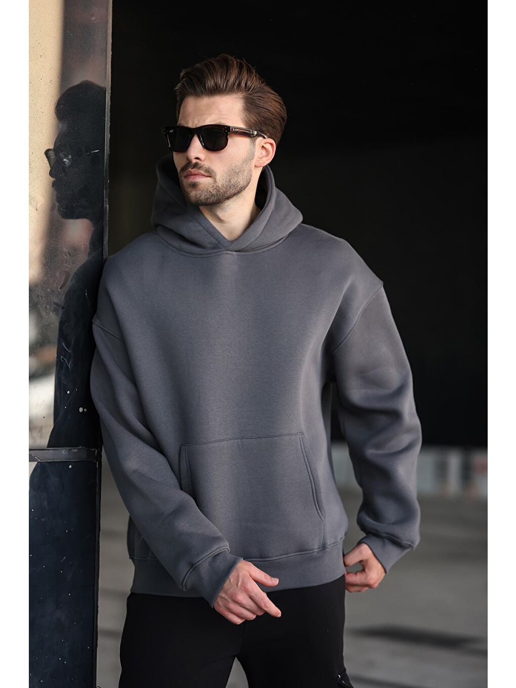 Gri Füme Kapüşonlu Kanguru Cep Erkek Sweatshirt E7169-2