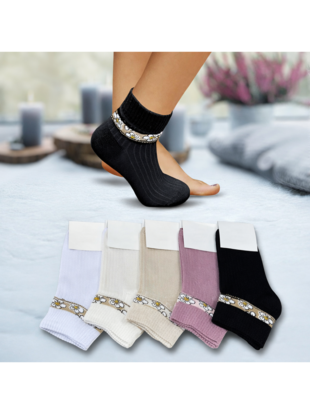 Karışık Kadın 12’li Premium Soket Çorap Seti – Taş İşlemeli Çiçek Desenli (12 Çift)-5