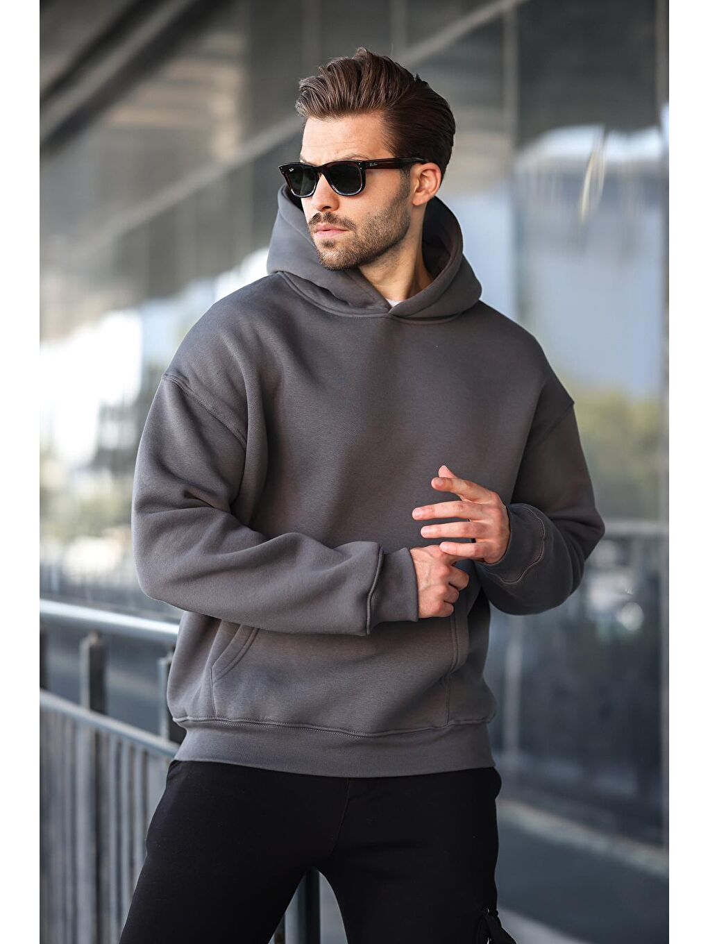 Gri Füme Kapüşonlu Kanguru Cep Erkek Sweatshirt E7169-1
