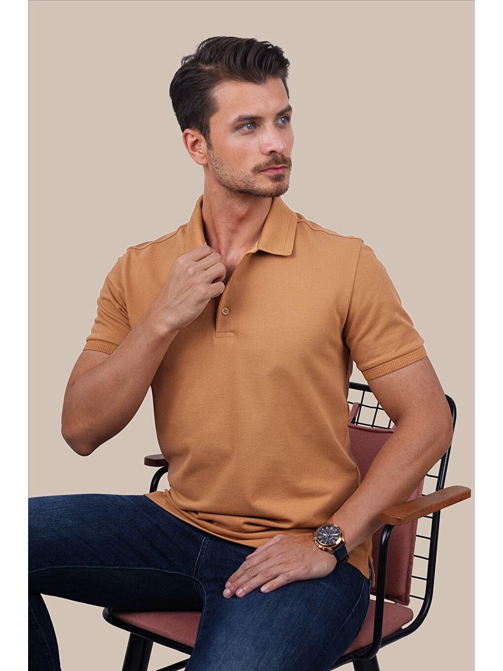 Etikmen Kahverengi Taba Yaka Desenli Erkek Polo Yaka Tişört - 6