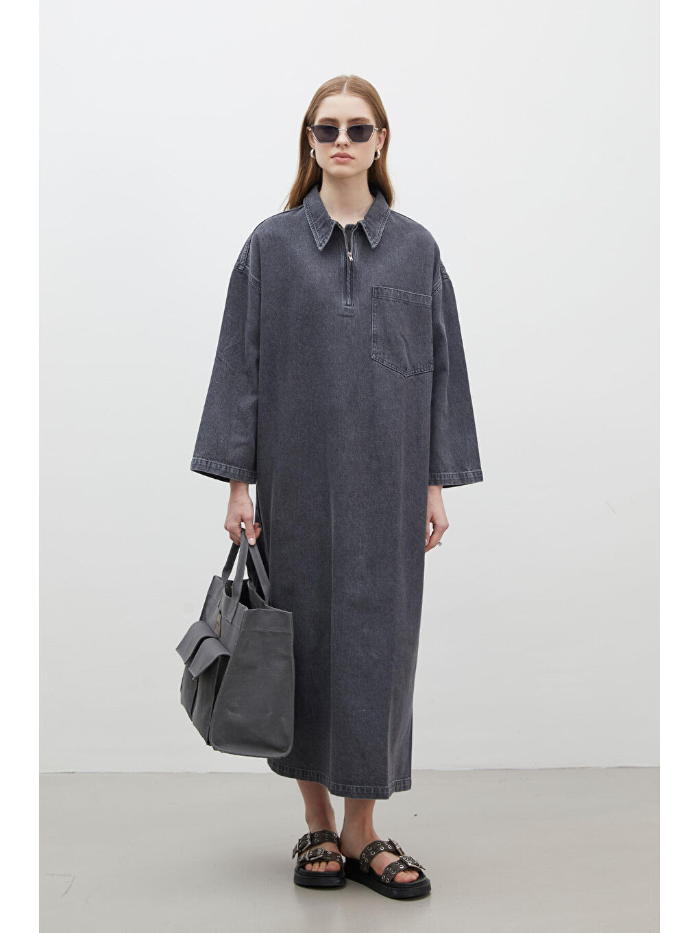 Yaka Detaylı Denim Elbise Antrasit-2