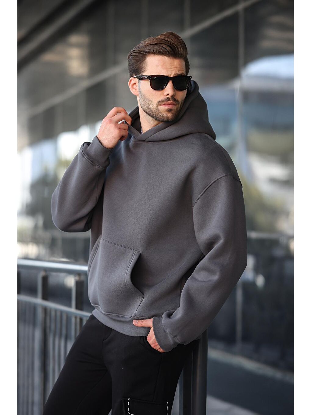 Gri Füme Kapüşonlu Kanguru Cep Erkek Sweatshirt E7169