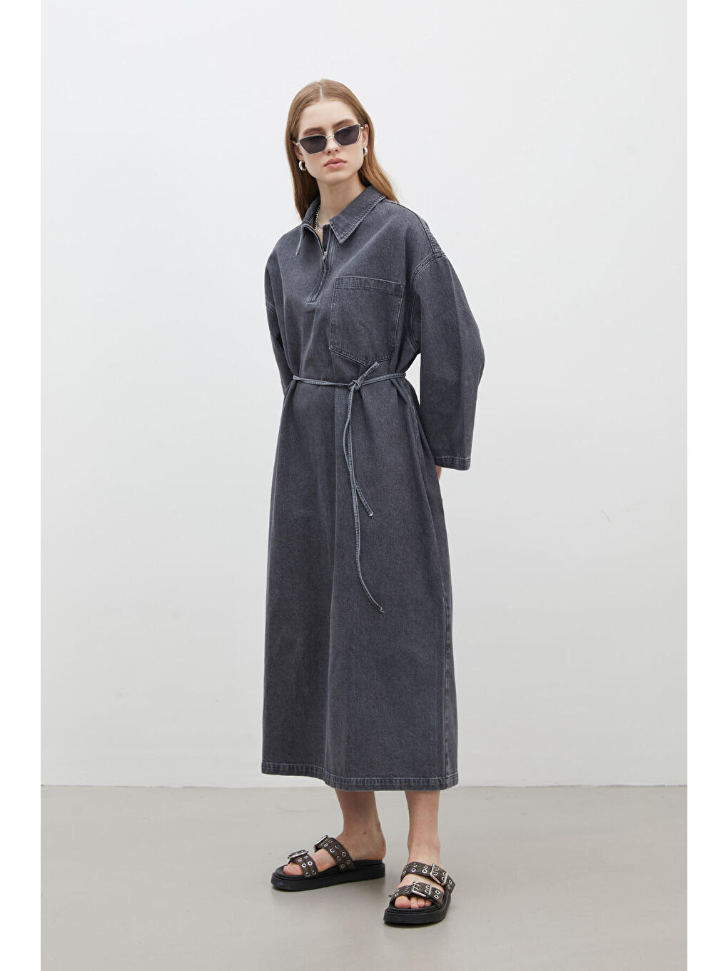 Yaka Detaylı Denim Elbise Antrasit-3