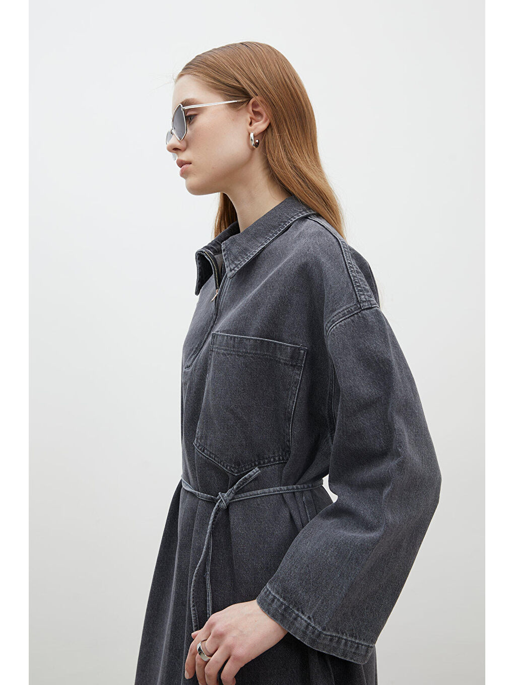 Yaka Detaylı Denim Elbise Antrasit-4