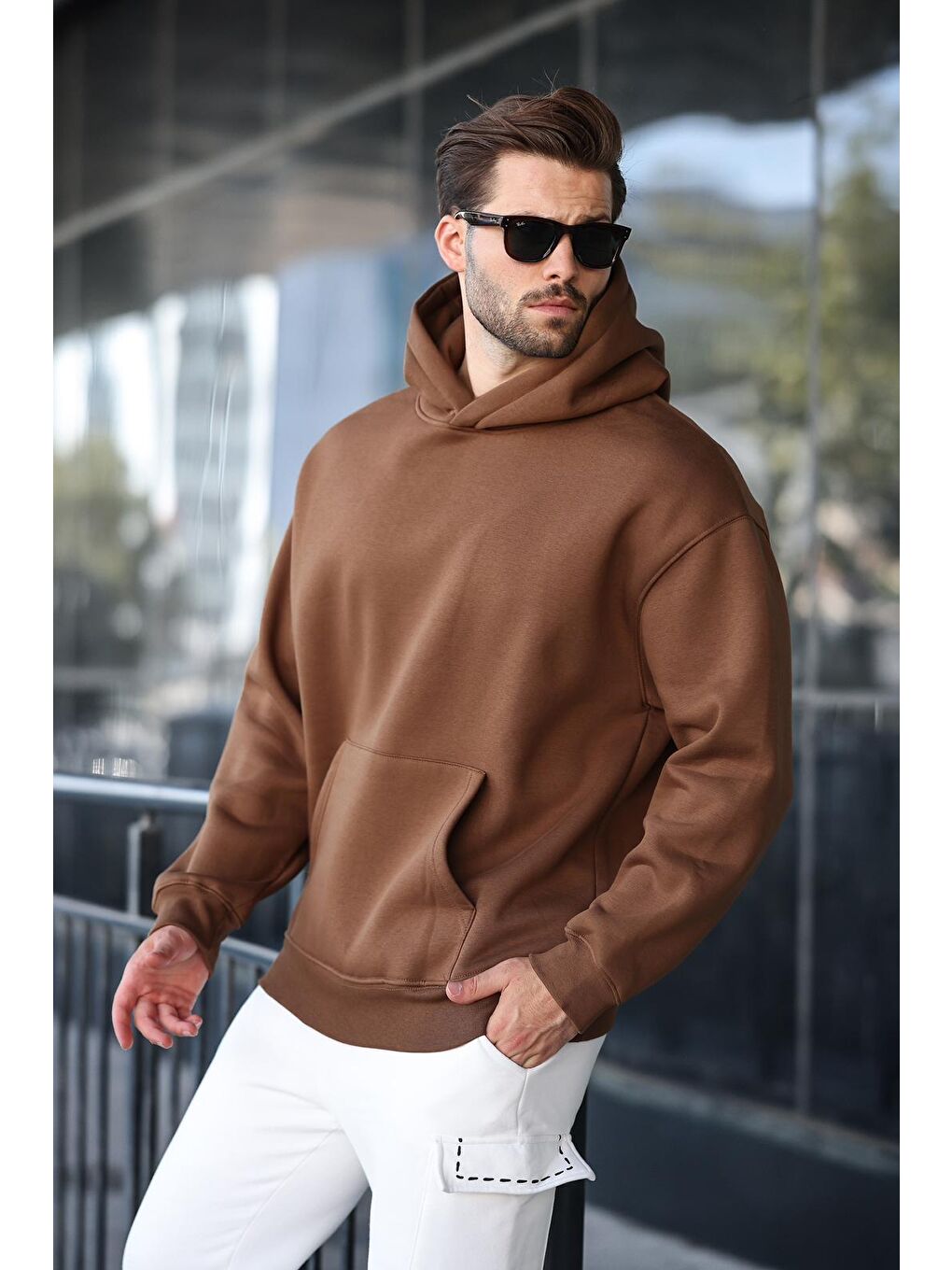 Kahverengi Kapüşonlu Kanguru Cep Erkek Sweatshirt E7169-1