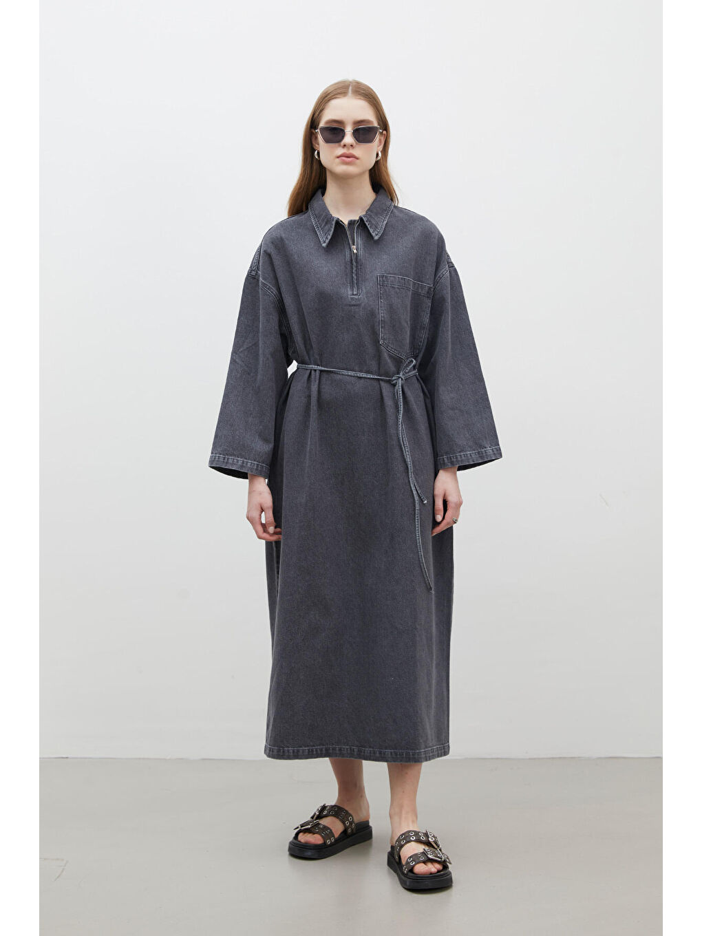 Yaka Detaylı Denim Elbise Antrasit-5