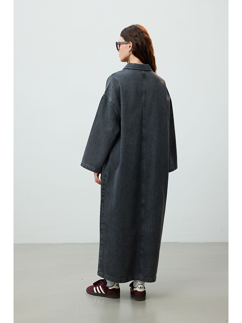 Yaka Detaylı Denim Elbise Antrasit-6