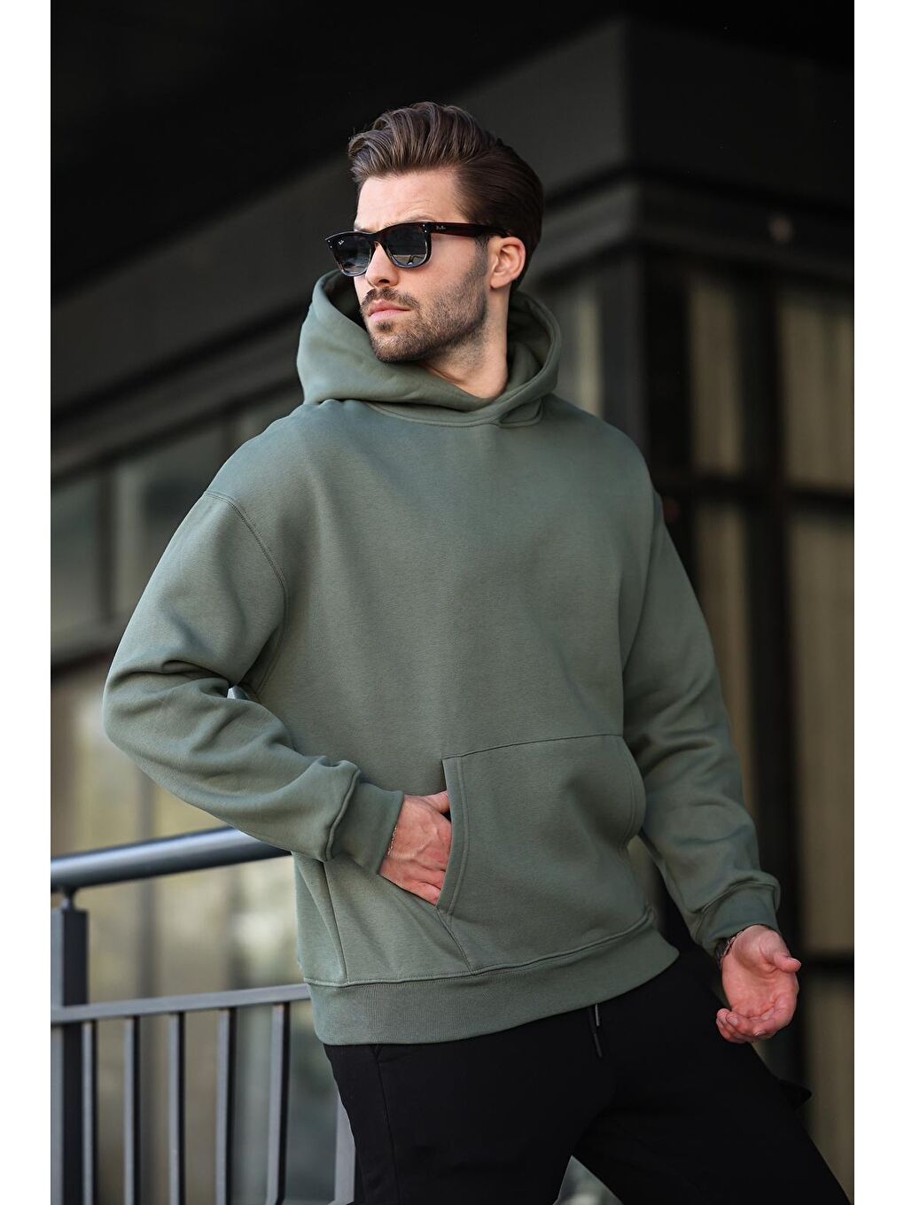 Haki Kapüşonlu Kanguru Cep Erkek Sweatshirt E7169-1