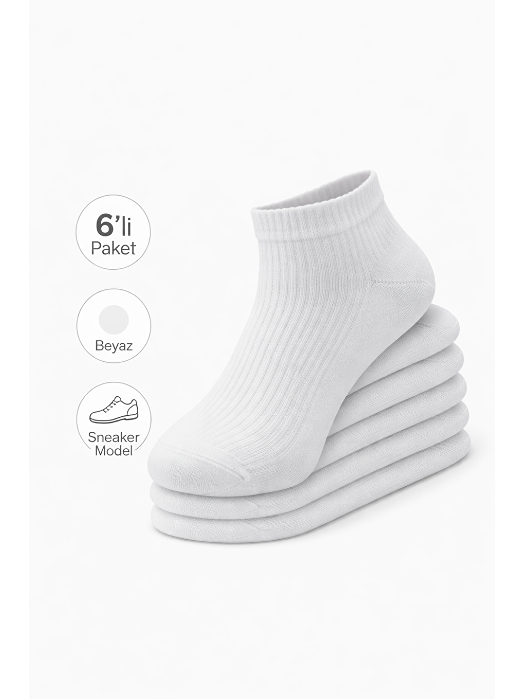 Beyaz Sneaker Model Çorap 6’lı Paket – Dikişsiz Burun, Topuk Burun Takviyeli, Pamuklu (6 Çift)-4