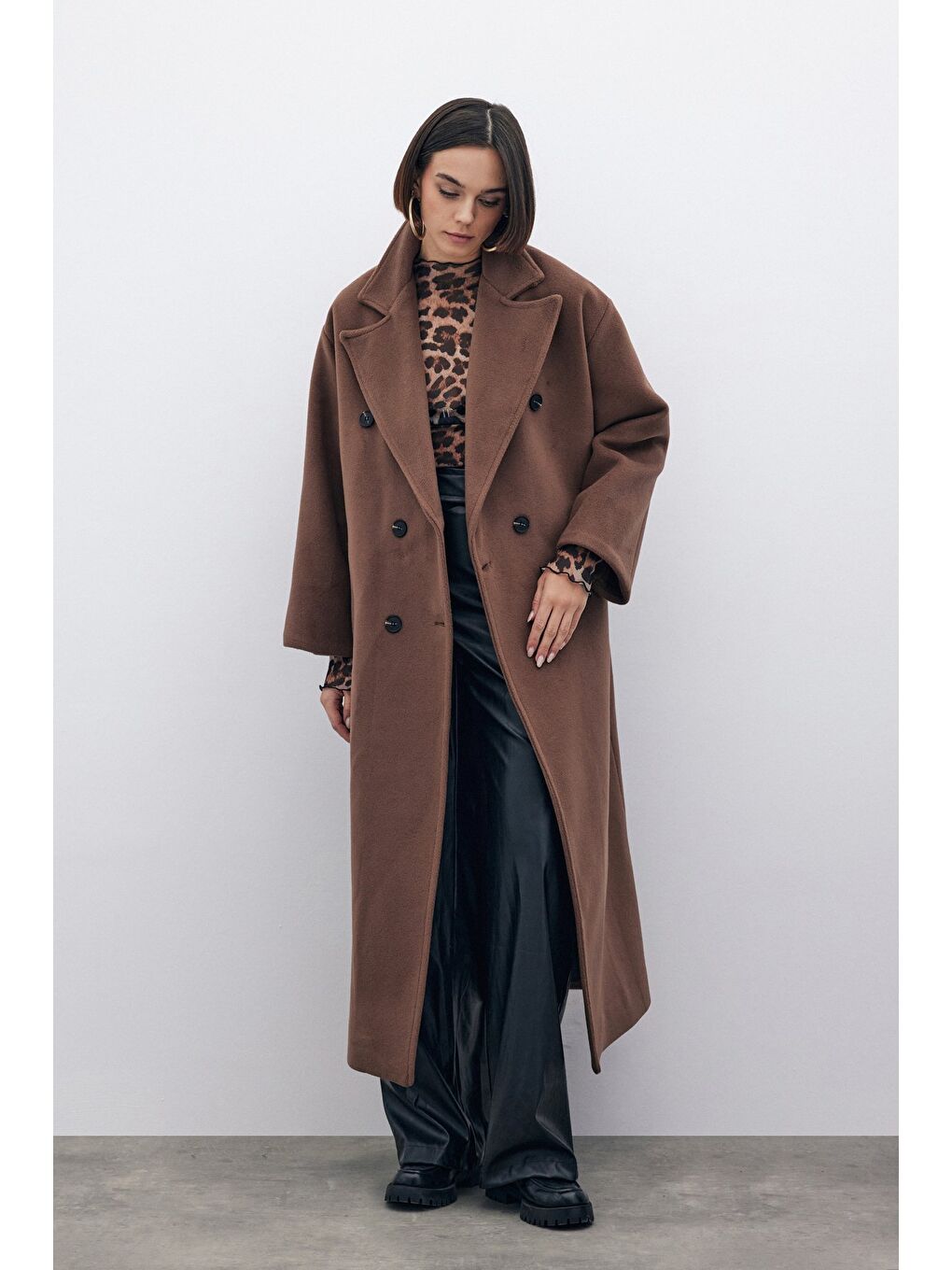 Kahverengi Kruvaze Uzun Kaban - Kahve-1