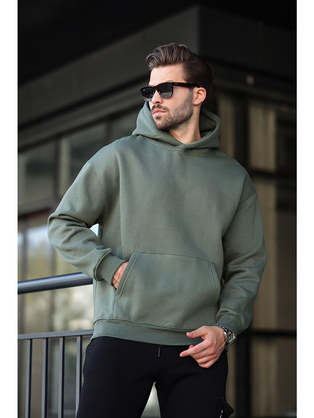 Haki Kapüşonlu Kanguru Cep Erkek Sweatshirt E7169-2