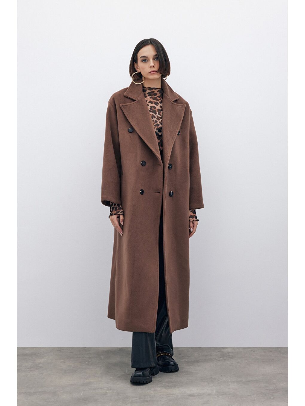 Kahverengi Kruvaze Uzun Kaban - Kahve-3