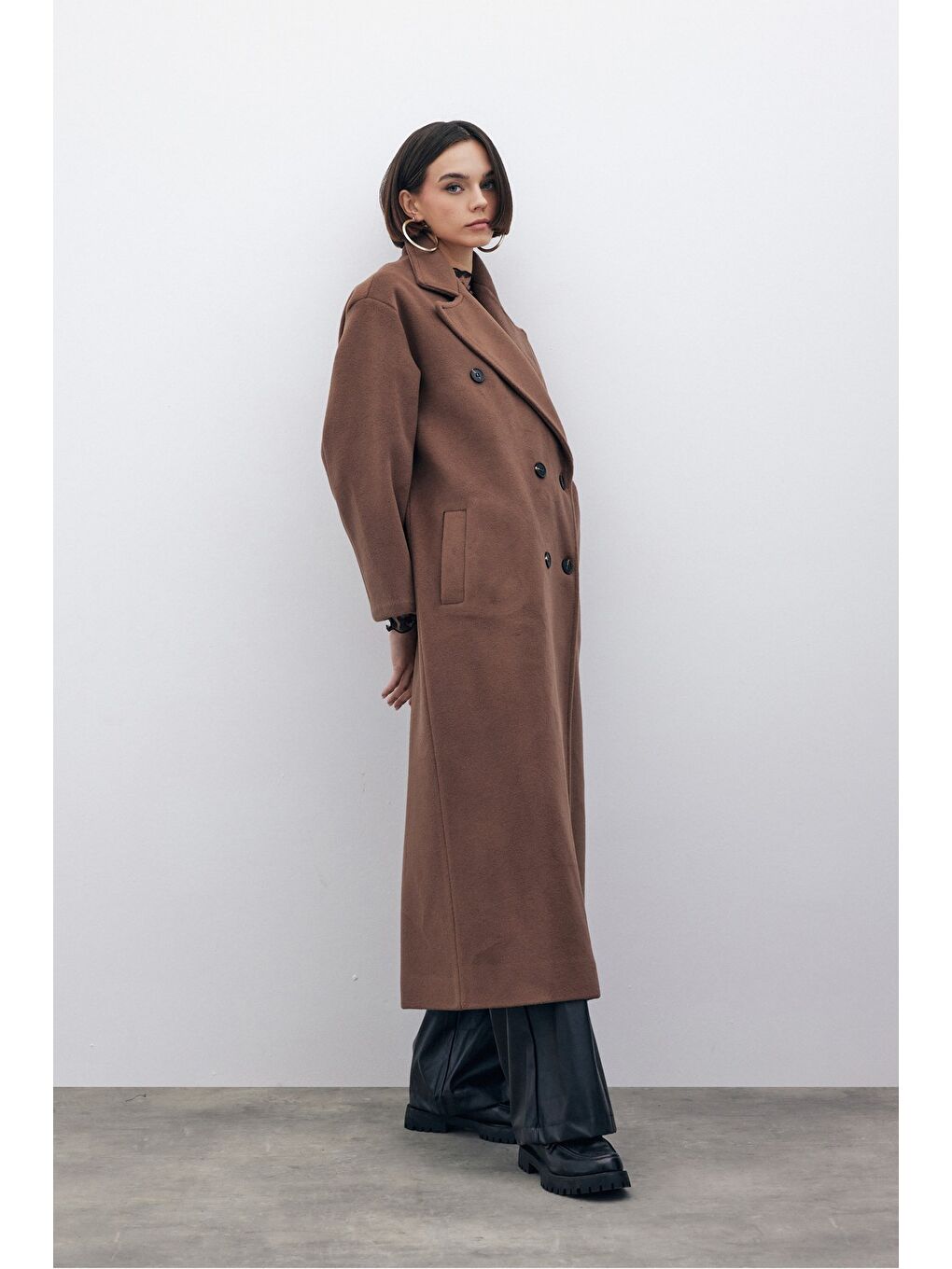 Kahverengi Kruvaze Uzun Kaban - Kahve-5