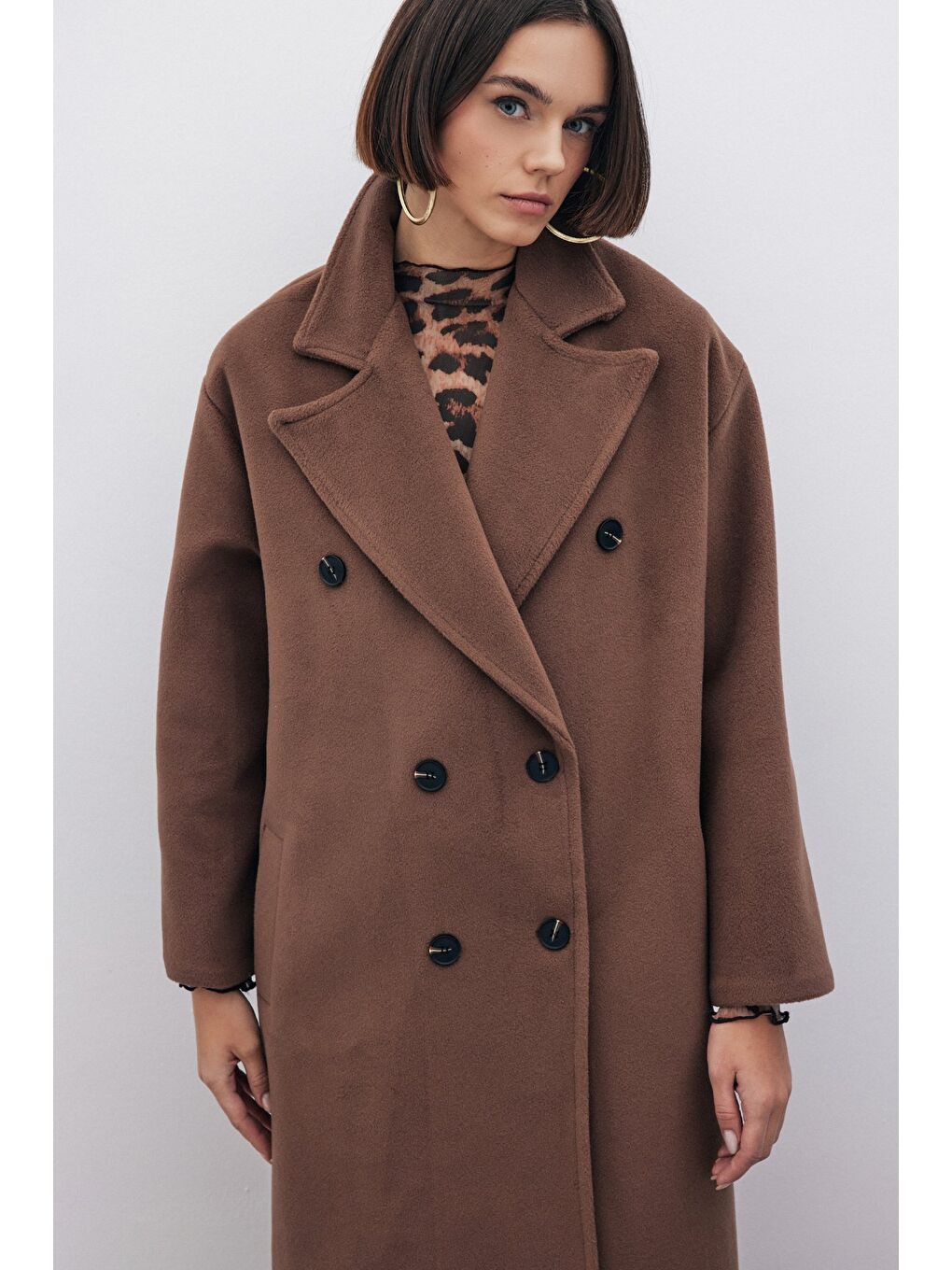 Kahverengi Kruvaze Uzun Kaban - Kahve-6