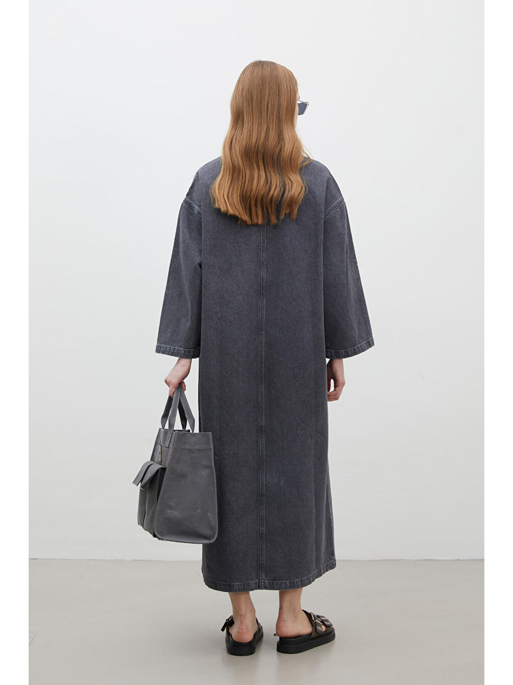 Yaka Detaylı Denim Elbise Antrasit-7