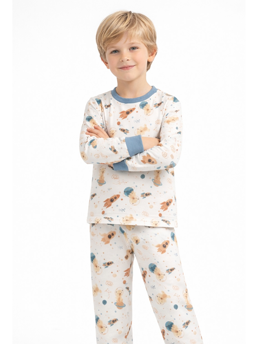 Mavi Bisiklet Yaka Uzun Kollu Erkek Çocuk Pijama Takımı-1