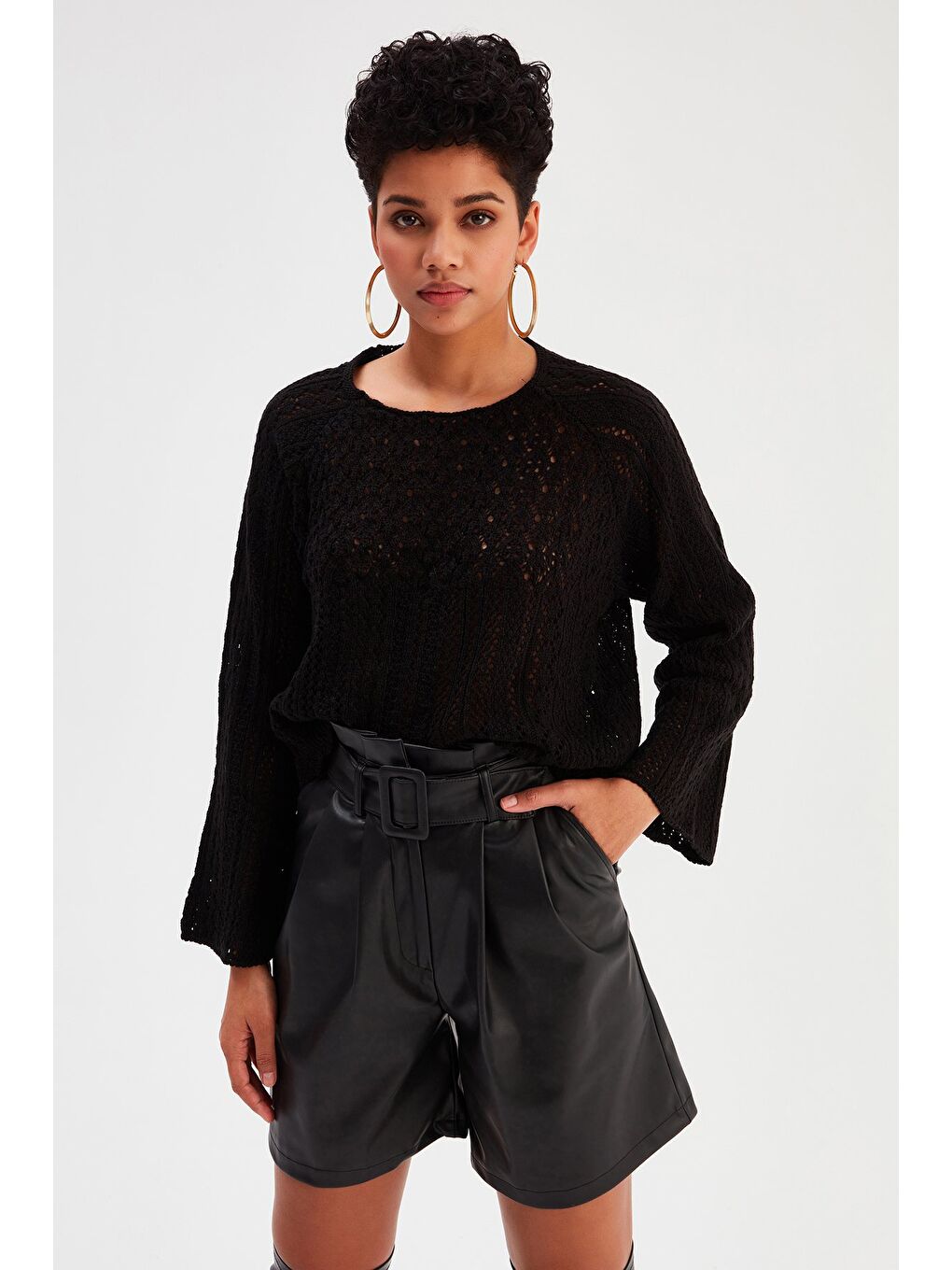 Kemerli Deri Şort - Siyah-2