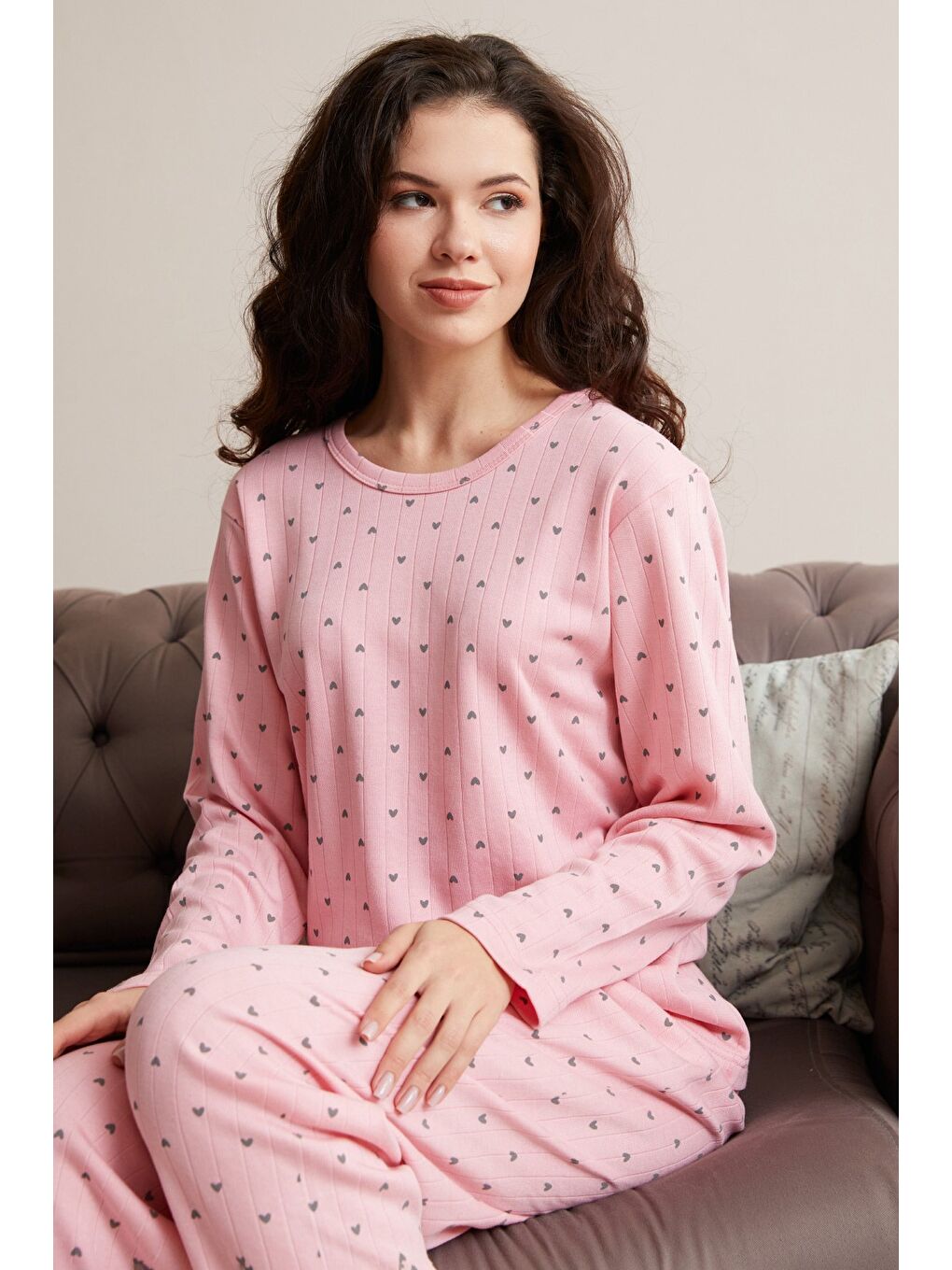 Pembe Büyük Beden Kalp Ve Yıldız Desenli Pijama Takımı-2