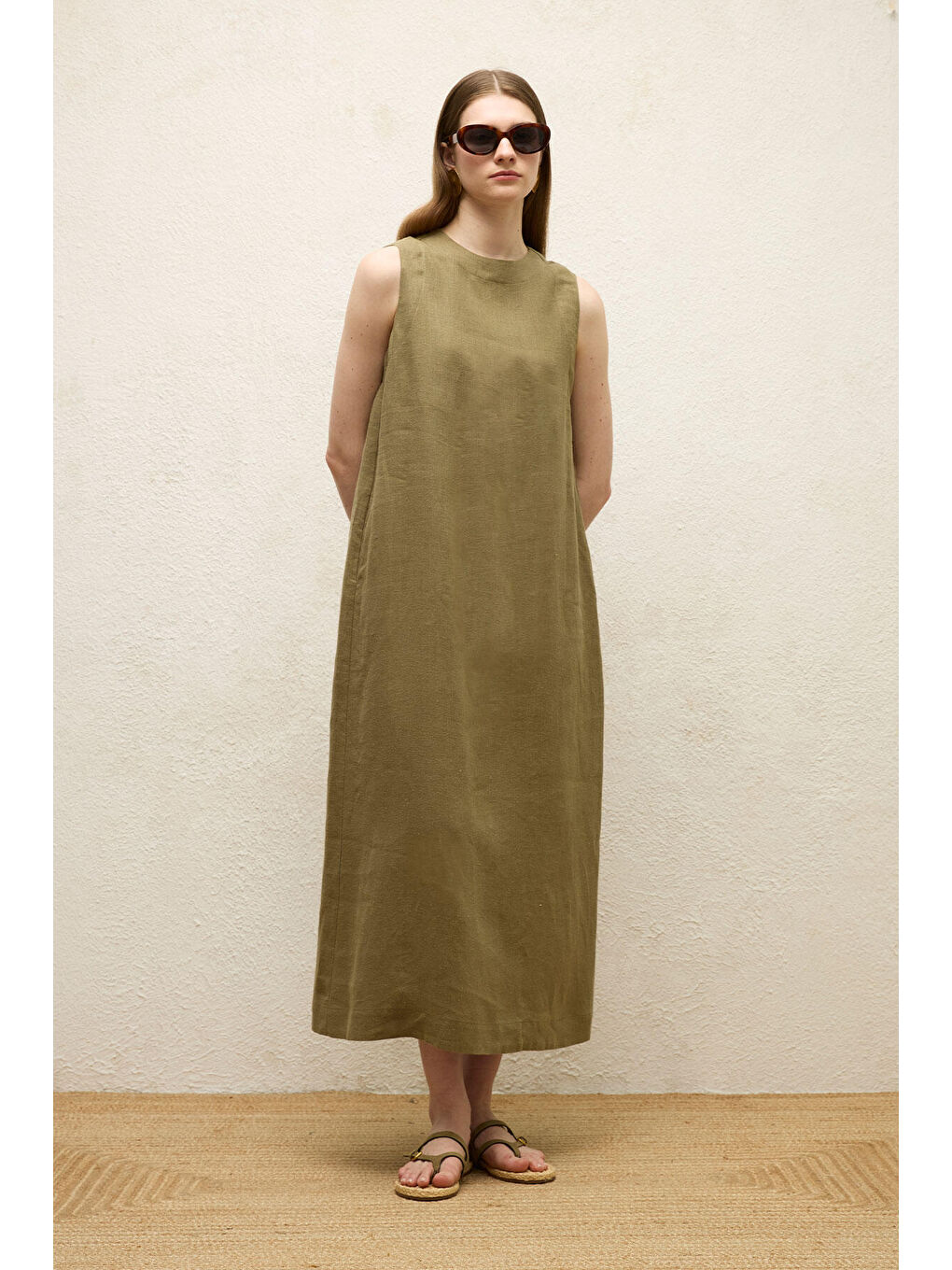 Kolsuz Keten Rahat Elbise Haki-1