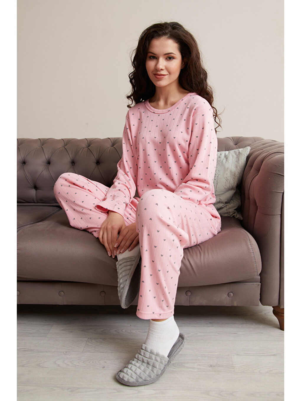 Pembe Büyük Beden Kalp Ve Yıldız Desenli Pijama Takımı-3