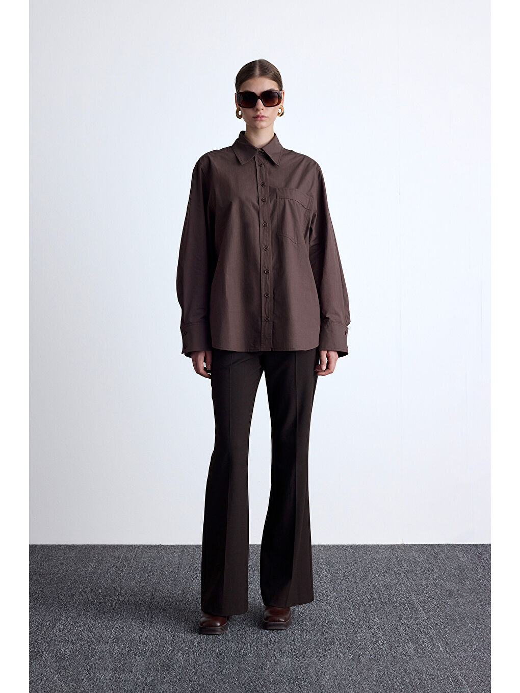 Pile Detaylı Oversıze Gömlek Kahverengi-1