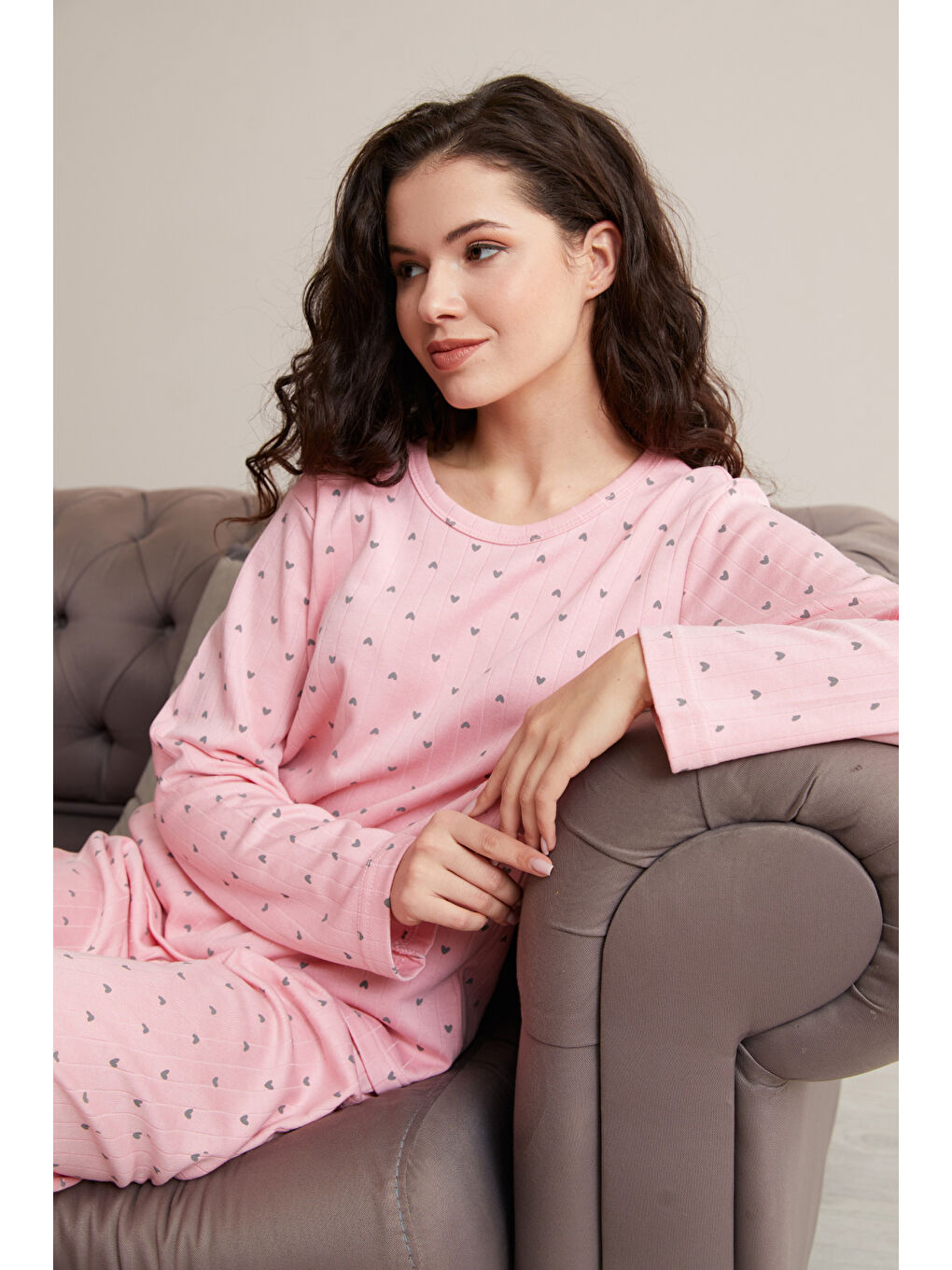 Pembe Büyük Beden Kalp Ve Yıldız Desenli Pijama Takımı-4