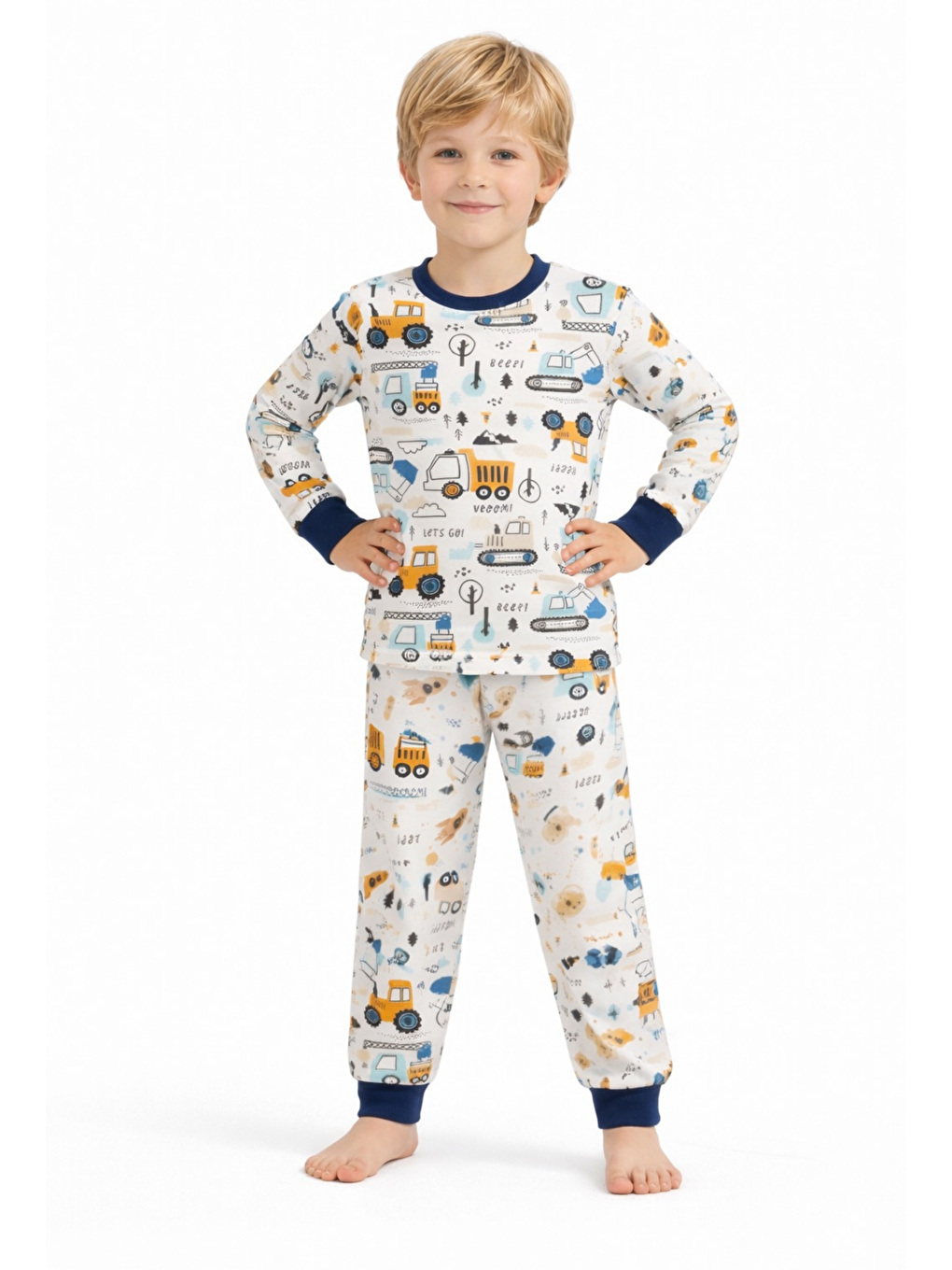 Lacivert Bisiklet Yaka Uzun Kollu Erkek Çocuk Pijama Takımı-1