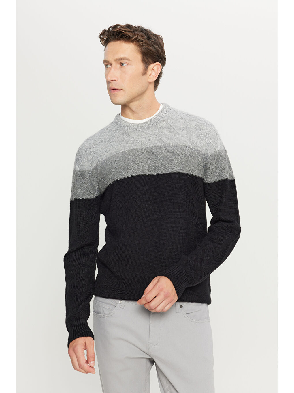 Erkek Gri-Siyah Standart Fit Normal Kesim Bisiklet Yaka Colorblock Desenli Triko Kazak-2