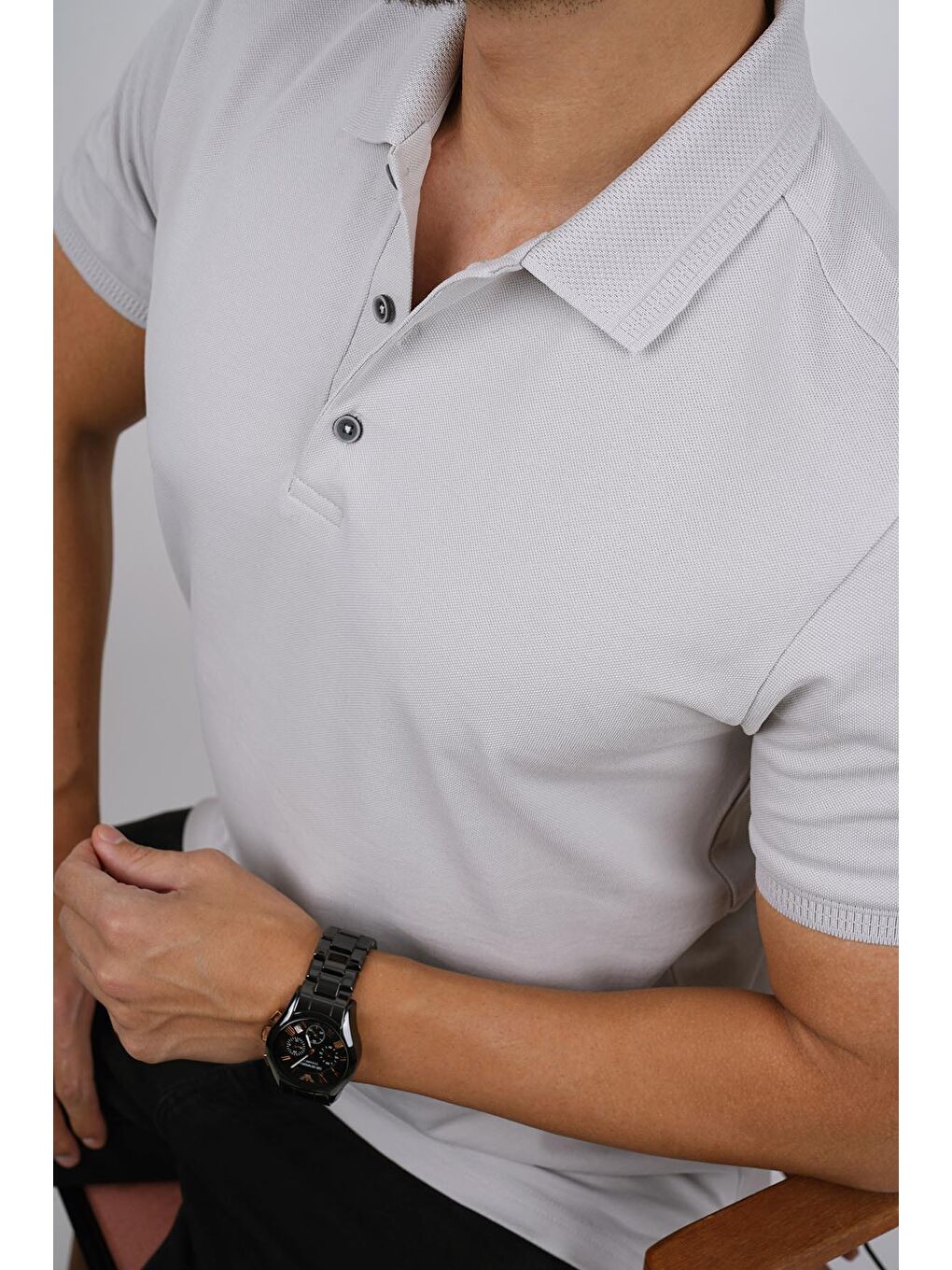 Taş Gri Yaka Desenli Erkek Polo Yaka %100 Pamuk Tişört