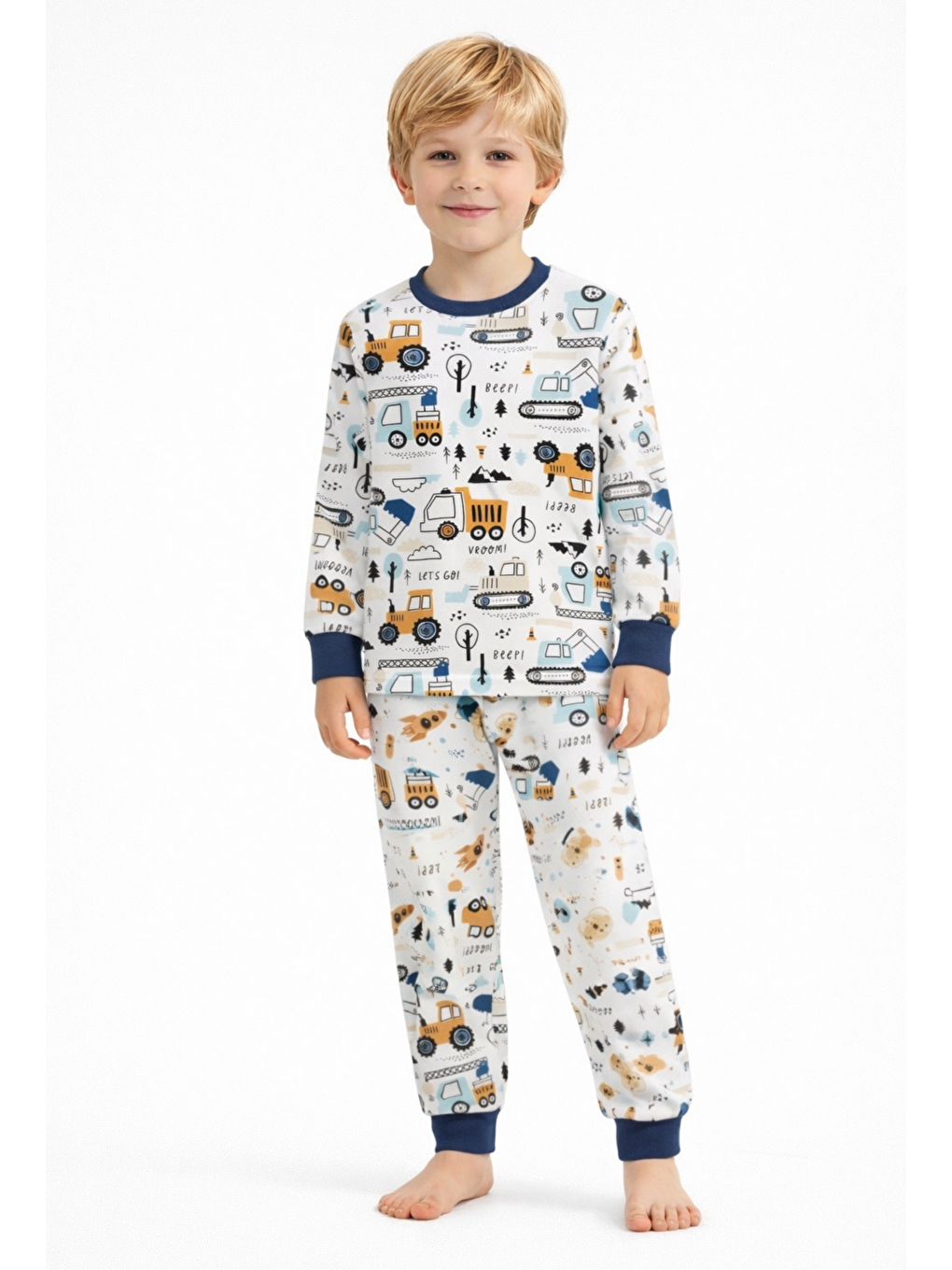 Lacivert Bisiklet Yaka Uzun Kollu Erkek Çocuk Pijama Takımı-2