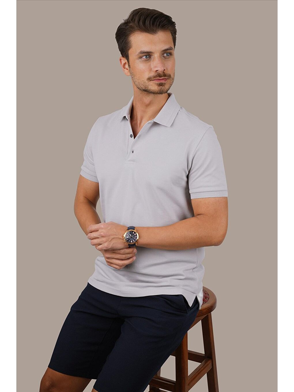 Taş Gri Yaka Desenli Erkek Polo Yaka %100 Pamuk Tişört-4