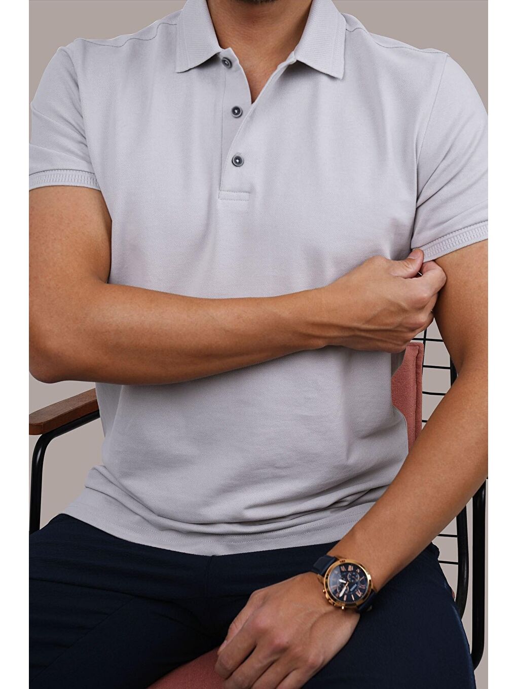 Taş Gri Yaka Desenli Erkek Polo Yaka %100 Pamuk Tişört-1