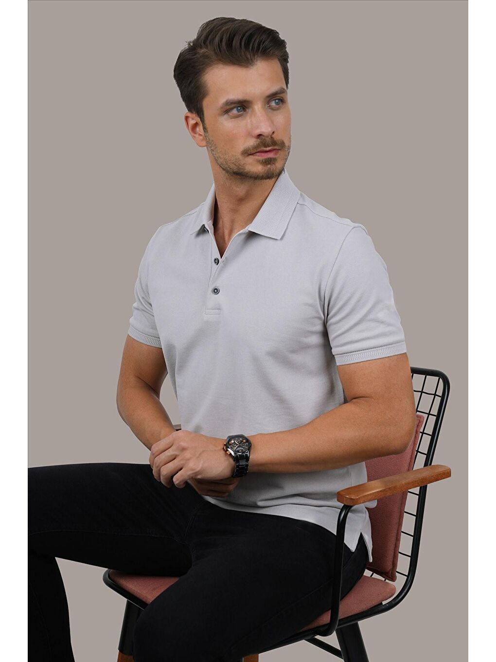 Taş Gri Yaka Desenli Erkek Polo Yaka %100 Pamuk Tişört-6