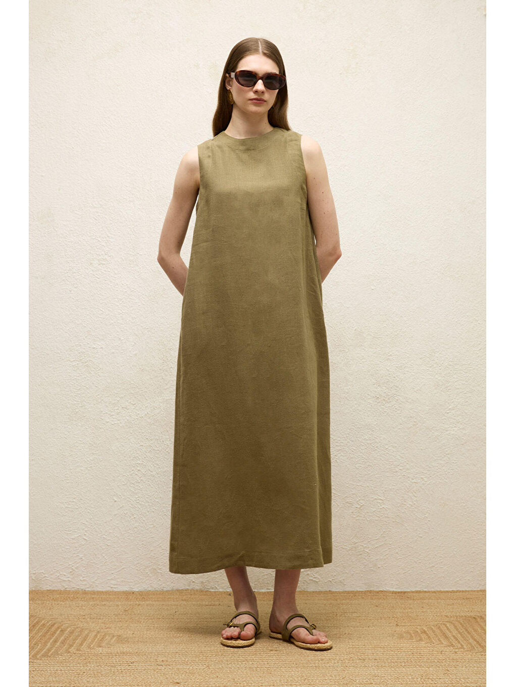 Kolsuz Keten Rahat Elbise Haki-4