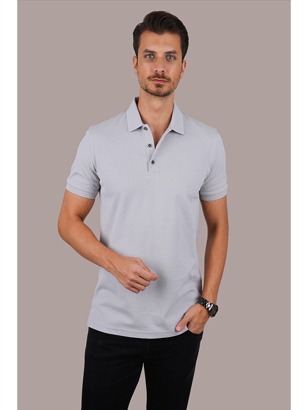 Taş Gri Yaka Desenli Erkek Polo Yaka %100 Pamuk Tişört-2