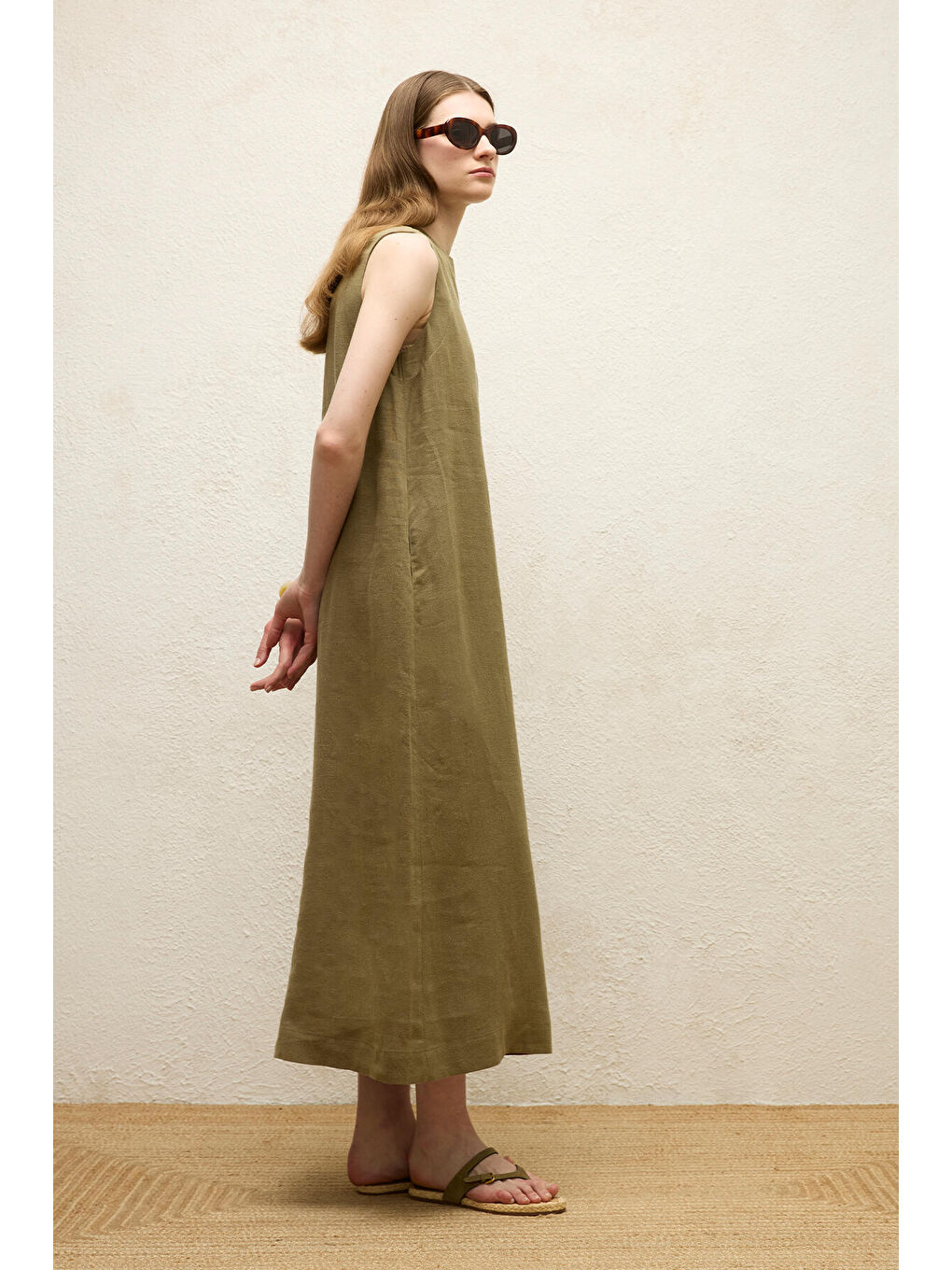Kolsuz Keten Rahat Elbise Haki-5