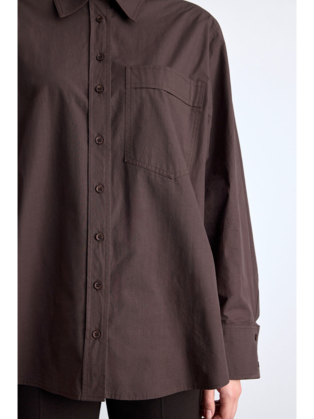 Pile Detaylı Oversıze Gömlek Kahverengi-2