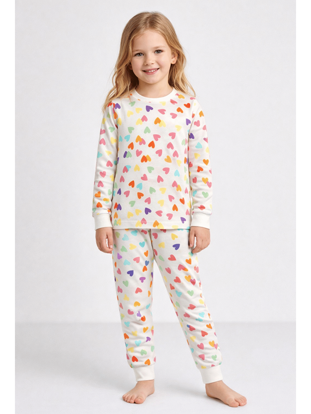 Ekru Bisiklet Yaka Uzun Kollu Kız Çocuk Pijama Takımı