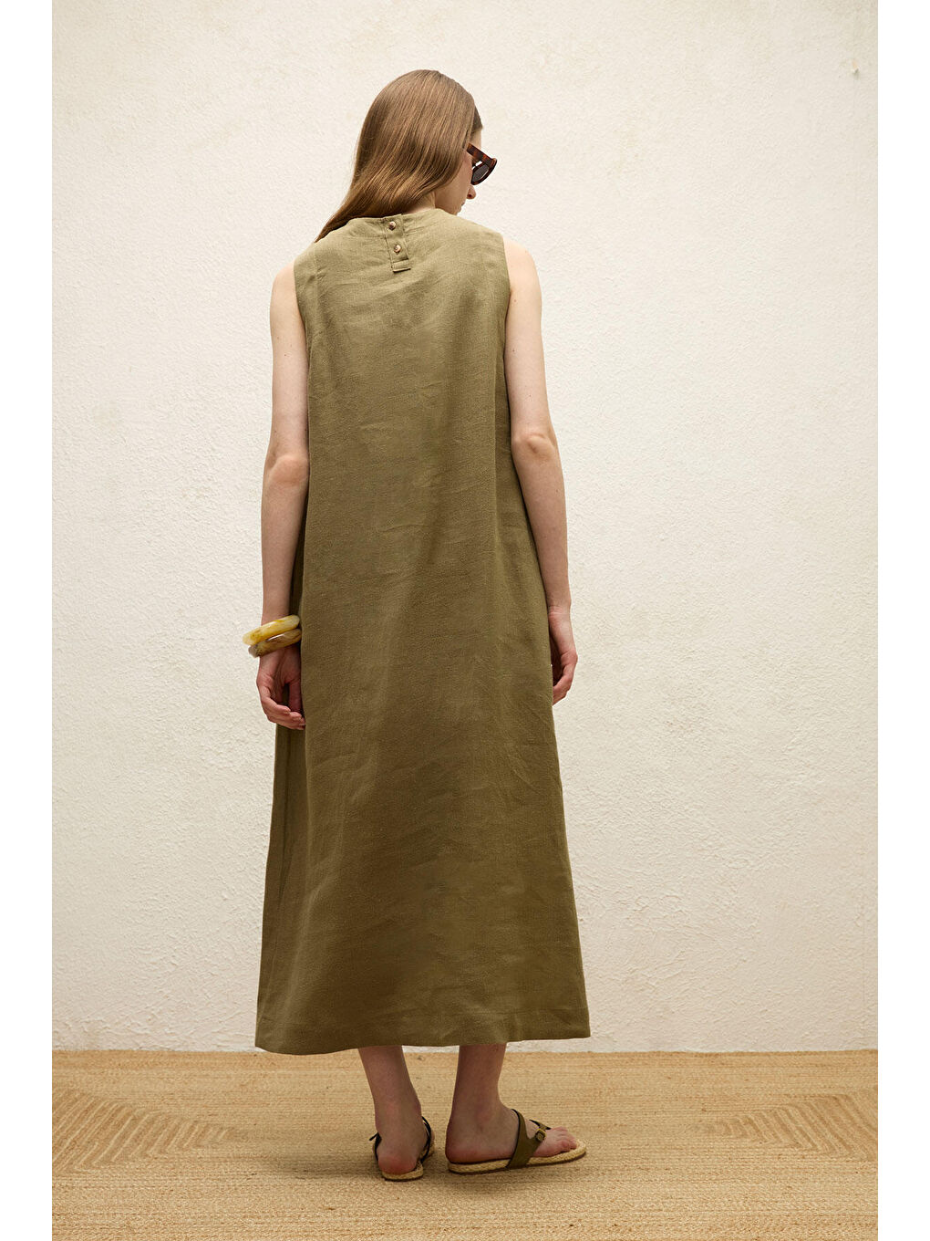Kolsuz Keten Rahat Elbise Haki-6
