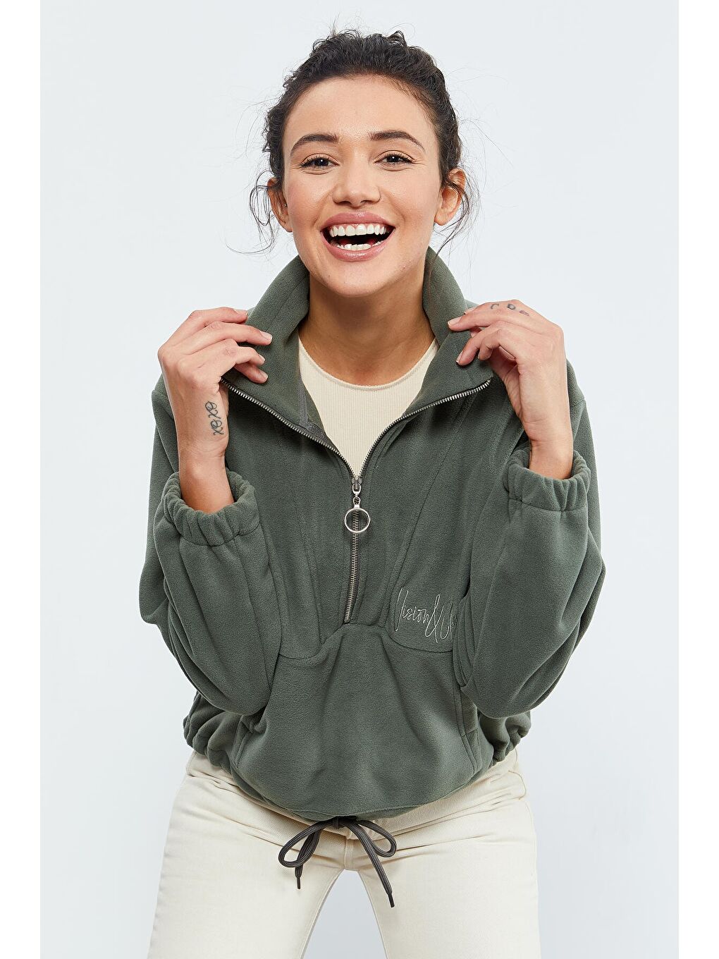 Yeşil Çağla Yarım Fermuar Etek Ucu Büzgülü Kadın Polar Oversize Sweatshirt - 97171