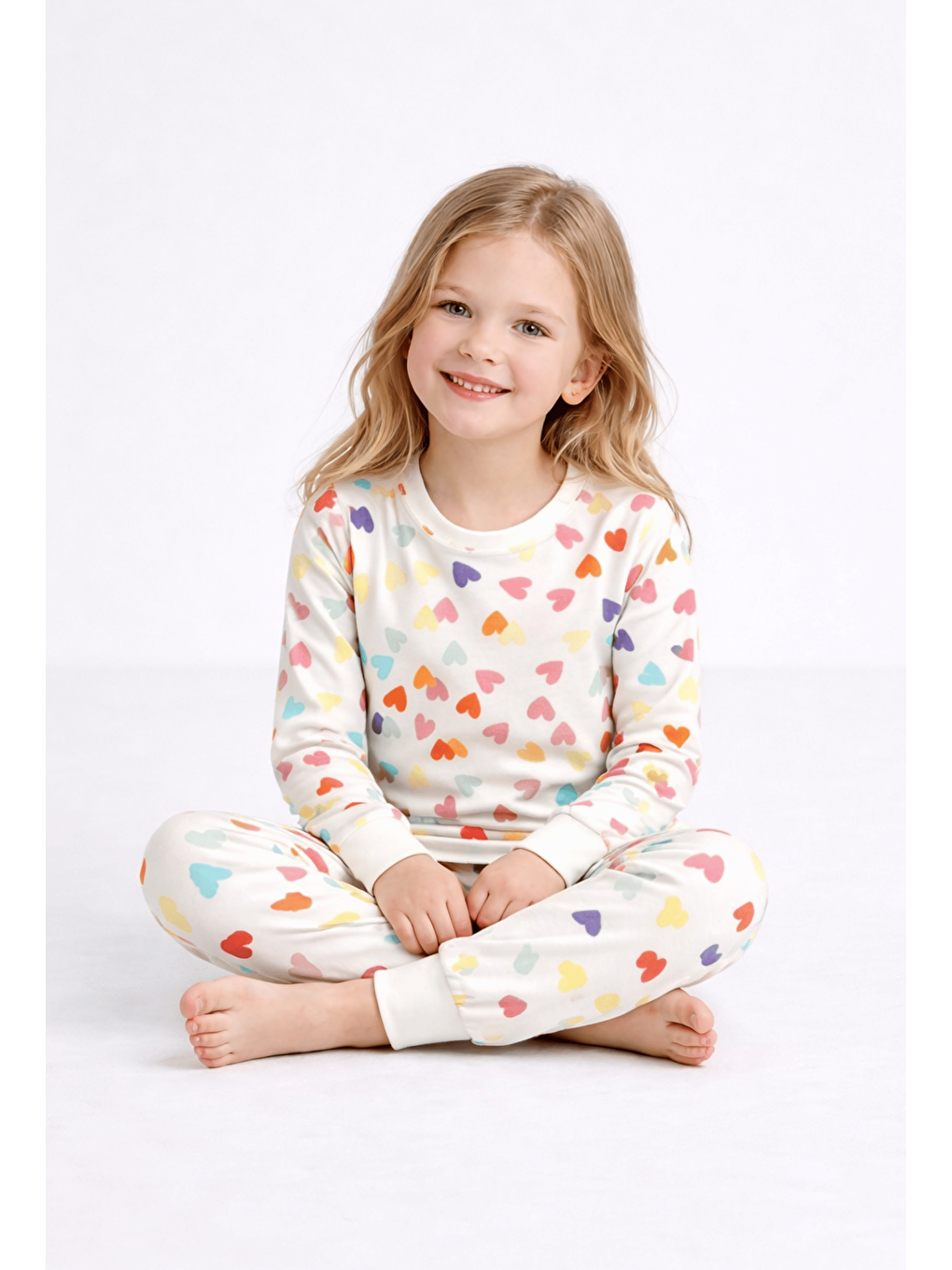 Ekru Bisiklet Yaka Uzun Kollu Kız Çocuk Pijama Takımı-1