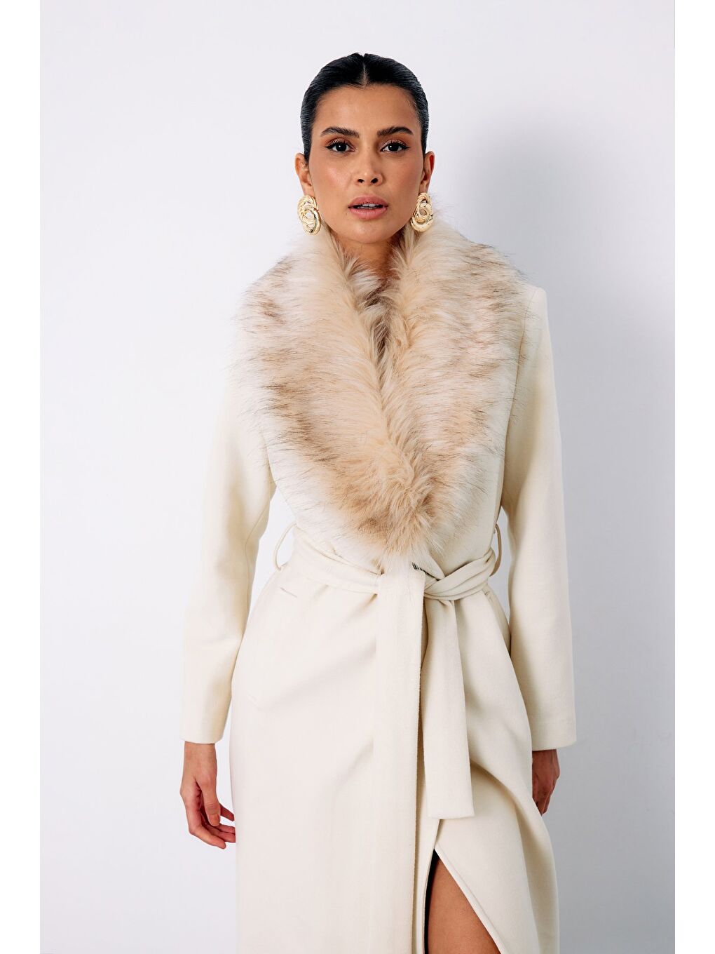 Bej Kürklü Kaşe Kaban - Taş-5